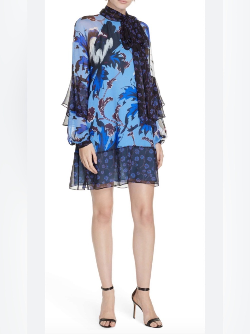 Diane von Furstenberg Designer 100% Silk Floral Blue Long Sleeve Blouse Size S